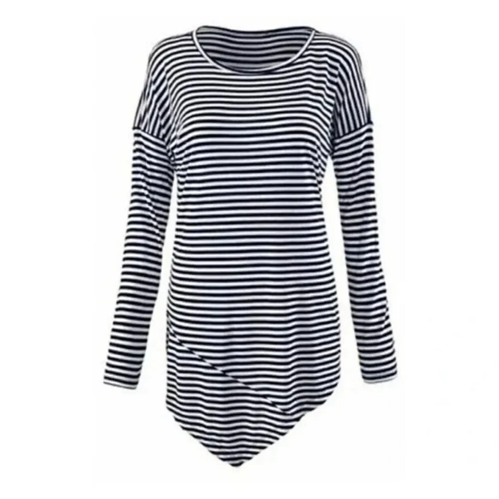 CAbi S boat stripe nautical asymmetrical hem knit top